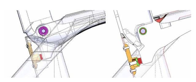 Madone ダンパーのCAD モデル（左 - ドライブ側から見たメインフレームの透視図、右 - フレーム中央断面図）